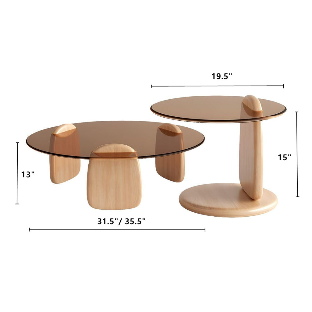 Nesting Coffee Table Set of 2 Glass Round Top Wood Legs S865