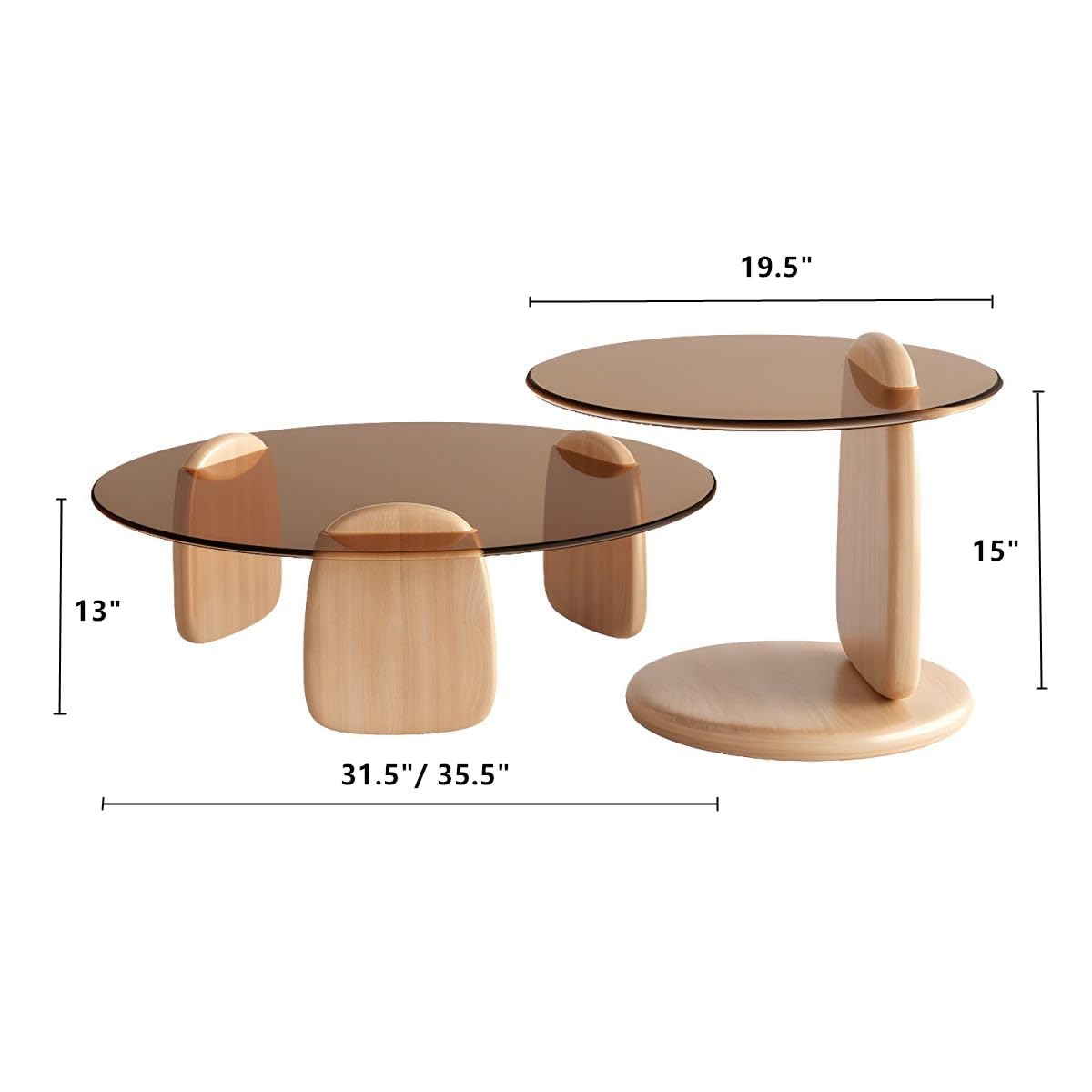 Nesting Coffee Table Set of 2 Glass Round Top Wood Legs S865