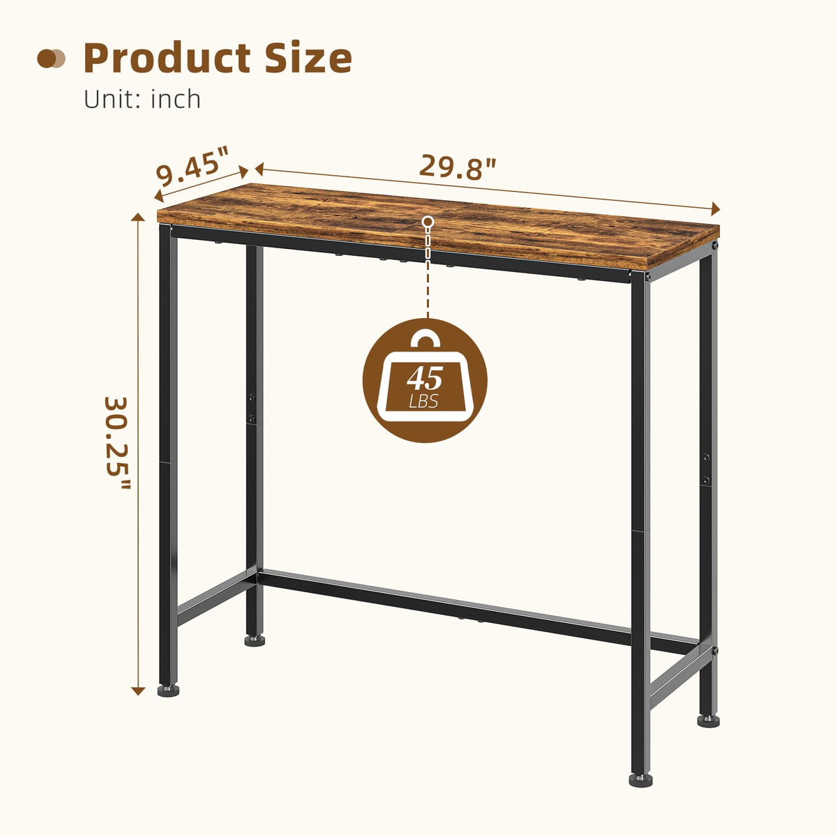 Narrow Side Table, 29.8" Console Table, Rustic Brown V9019