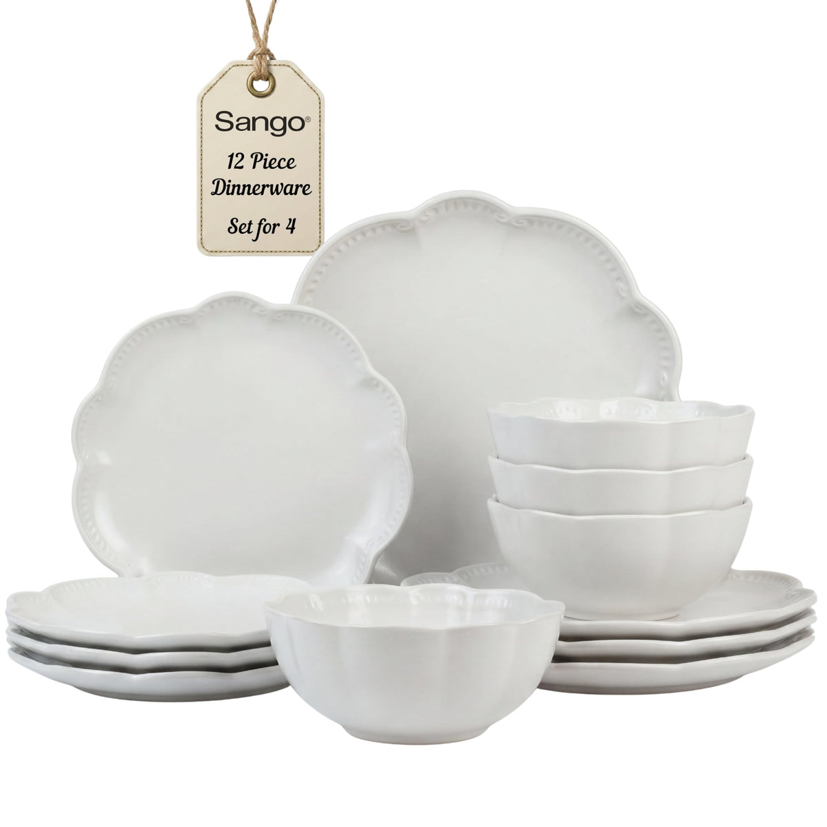 12 Pieces Scalloped White Plates & Bowls Set F885