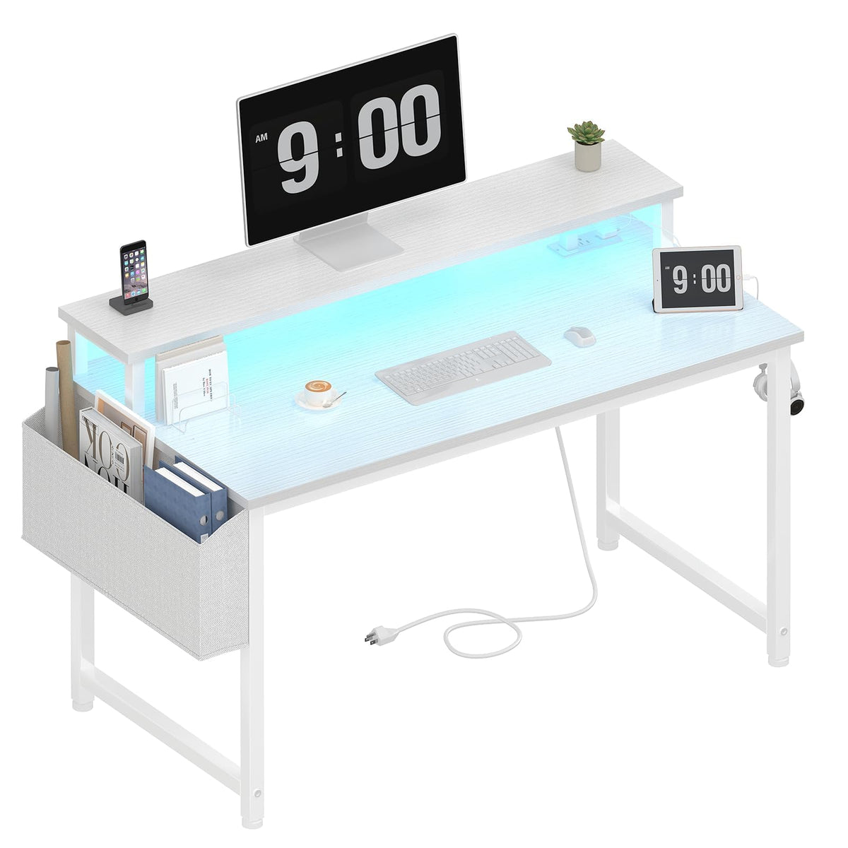 White 40 Inch Computer Desk with LED Lights and Power Outlets H637636