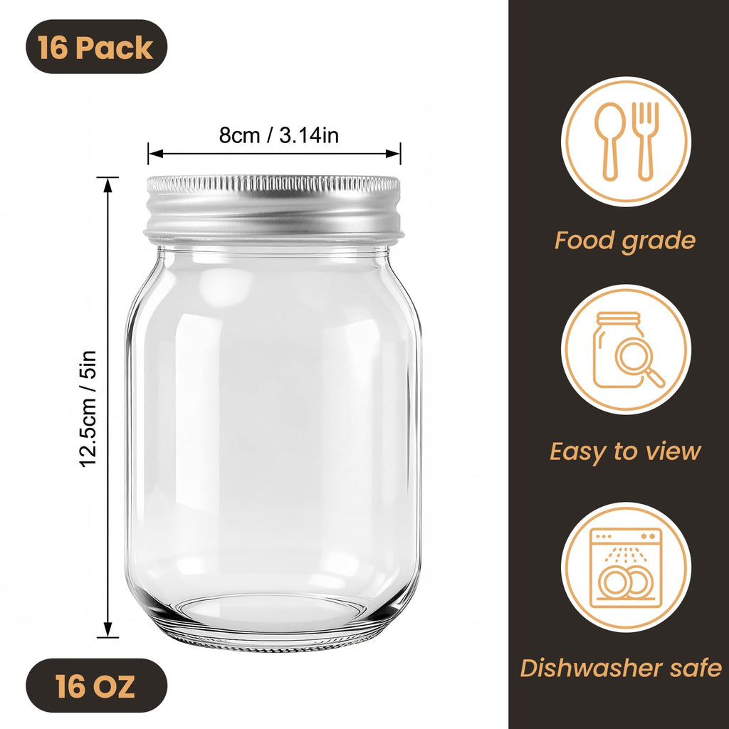 16 Pack 16 Oz Clear Glass Mason Jars O126