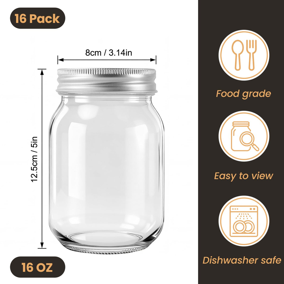 16 Pack 16 Oz Clear Glass Mason Jars O126