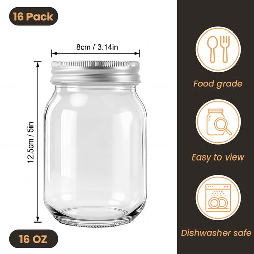 16 Pack 16 Oz Clear Glass Mason Jars O126