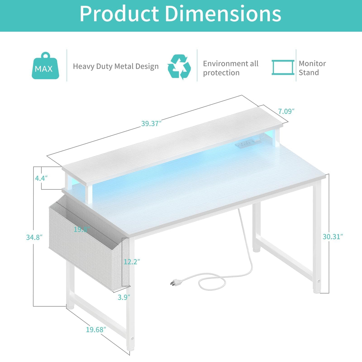 White 40 Inch Computer Desk with LED Lights and Power Outlets H637636