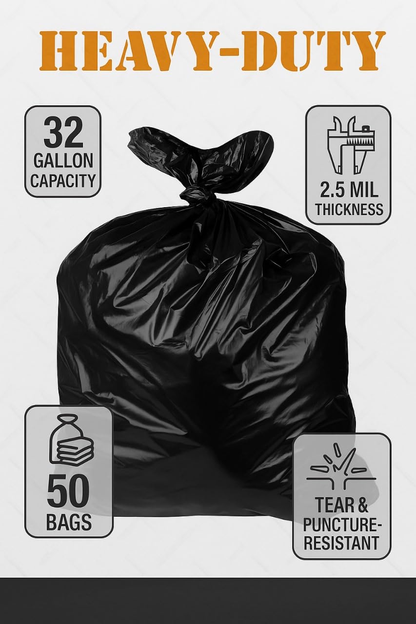32-33 Gallon 2.5 Mil Black Heavy Duty Trash Bags 100 Count G25180
