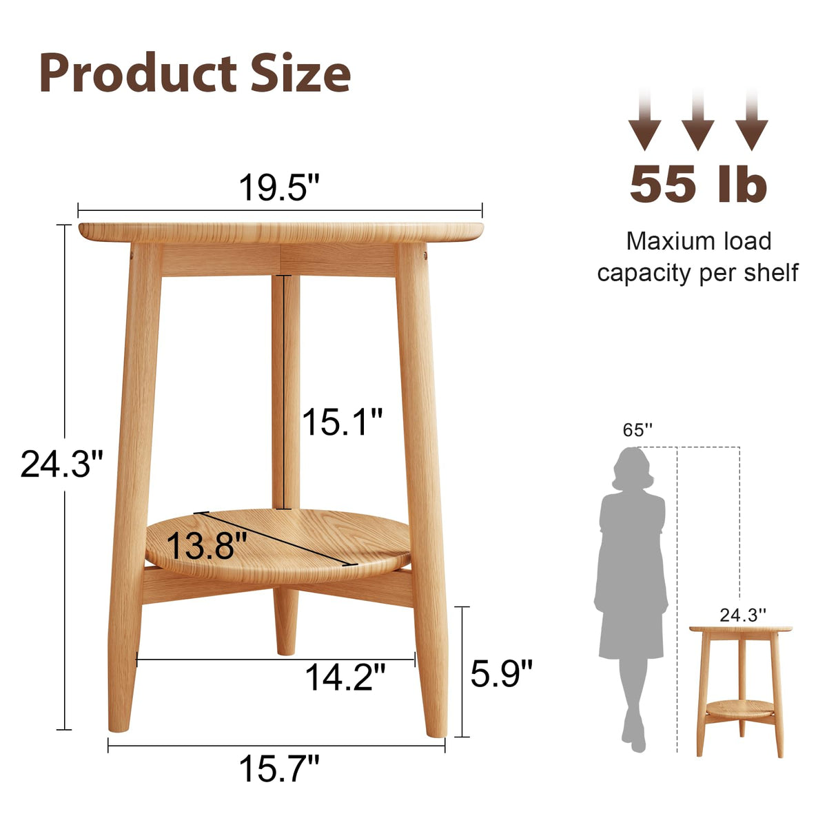 Solid Wood Round End Table with Lower Shelf Q958