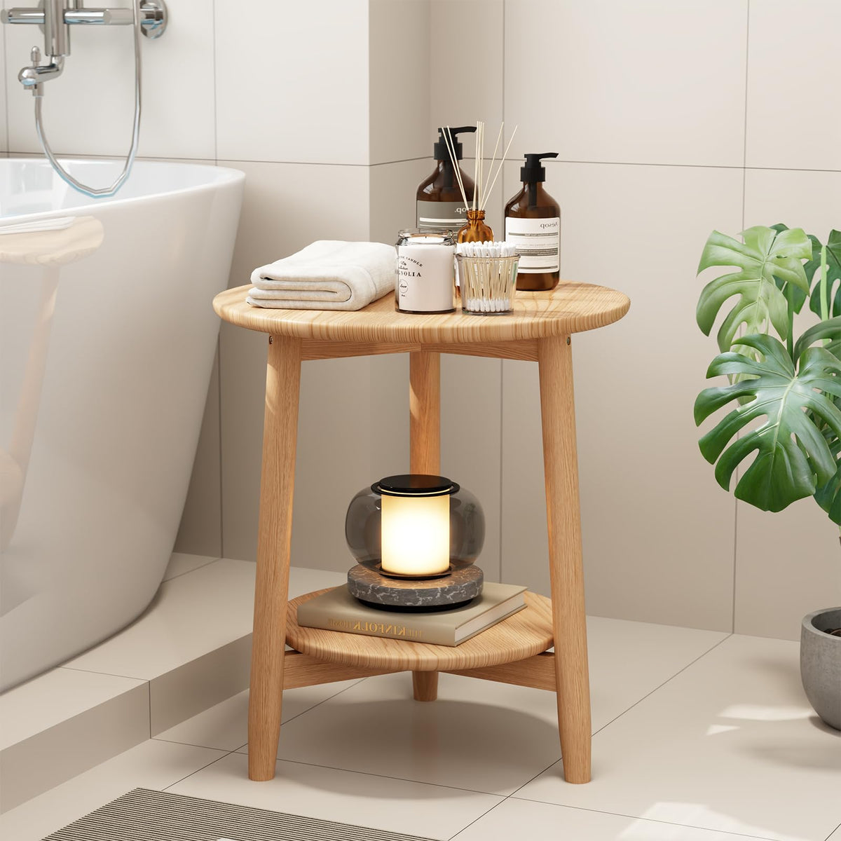 Solid Wood Round End Table with Lower Shelf Q958