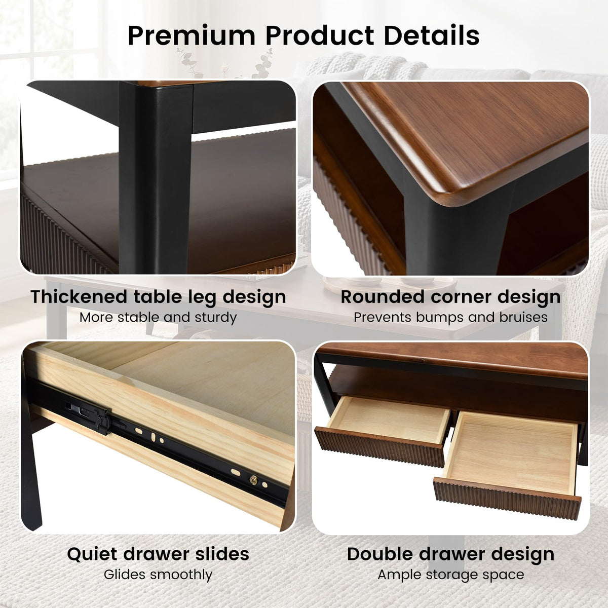 39.4" Walnut Solid Wood Fluted Coffee Table with 2 Drawers R6395