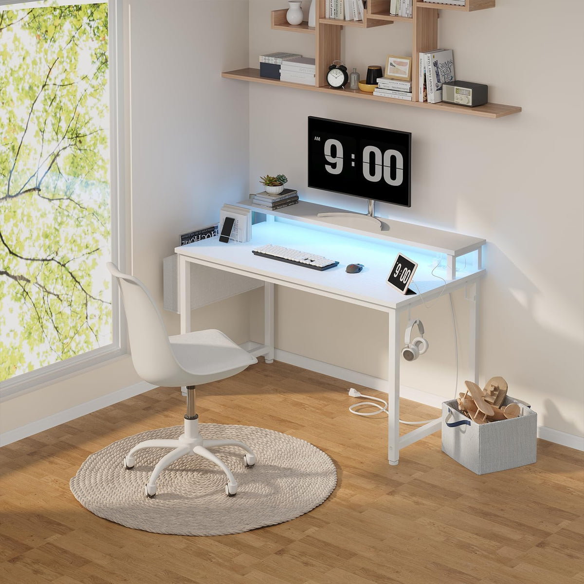 White 40 Inch Computer Desk with LED Lights and Power Outlets H637636