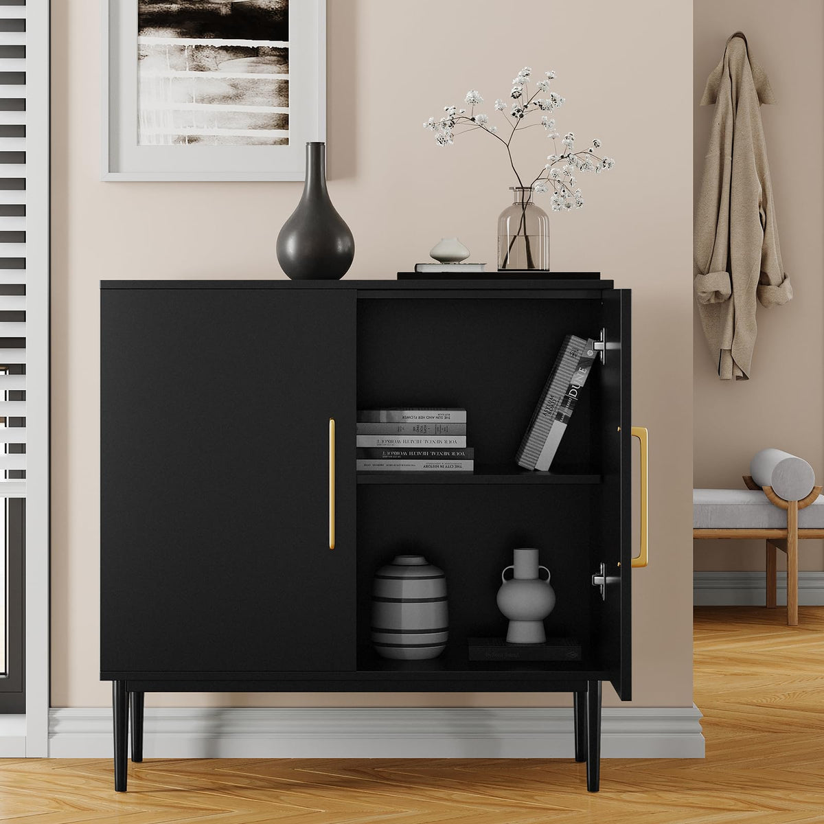 Black Storage Cabinet with Doors and Adjustable Shelf B66014