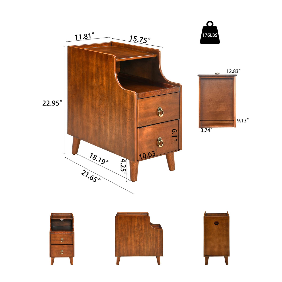 Solid Wood Narrow Nightstand with 2 Drawers K53447
