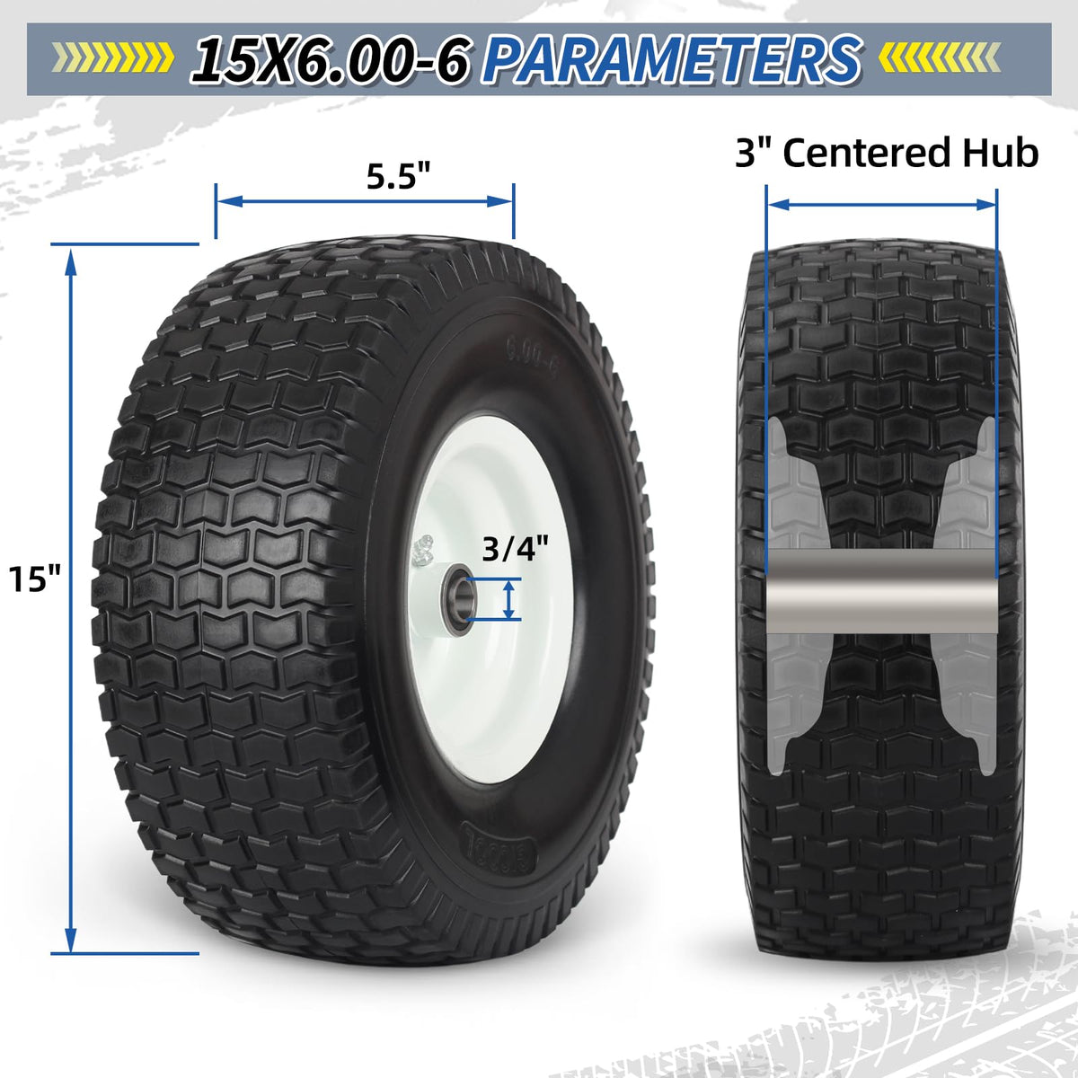 15x6.00-6 Flat Free Lawn Mower Tire and Wheel, 2 Pack T724