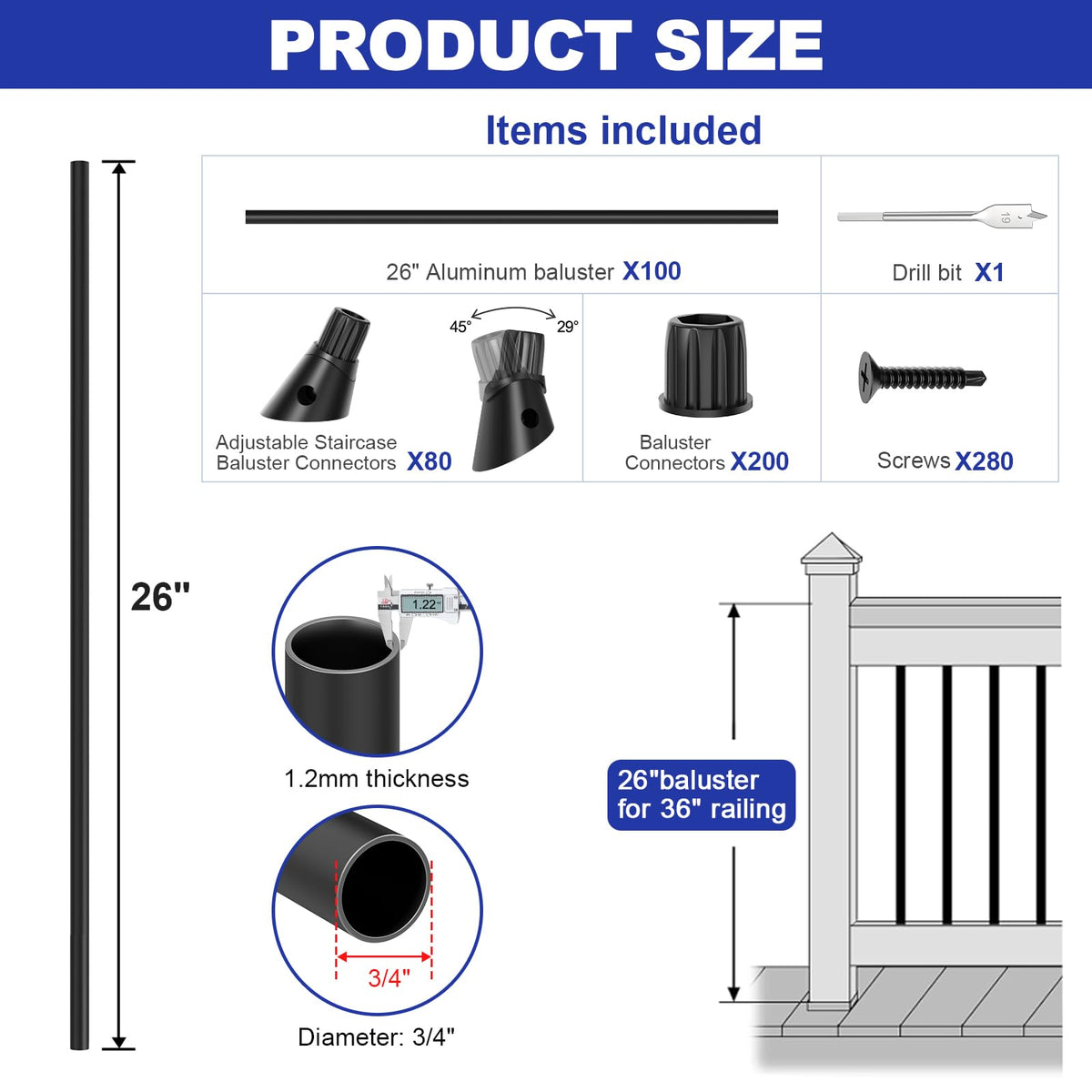 100 Pack 26" Round Black Aluminum Deck Balusters U137704
