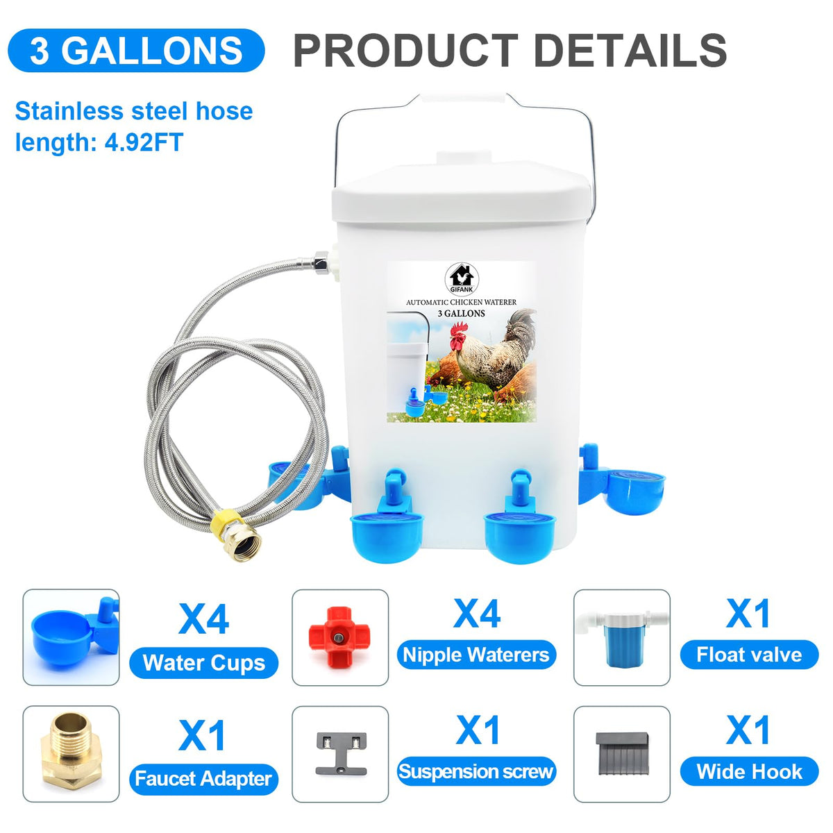 3 Gallons Automatic Poultry Waterer with Hose Attachment P867