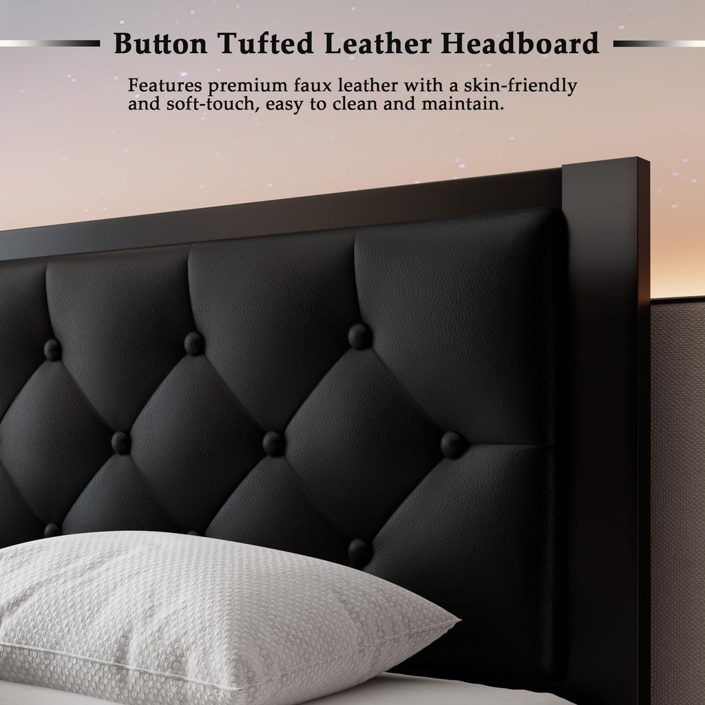 Twin Size Black Metal Platform Bed Frame with Faux Leather Tufted Headboard Q279286