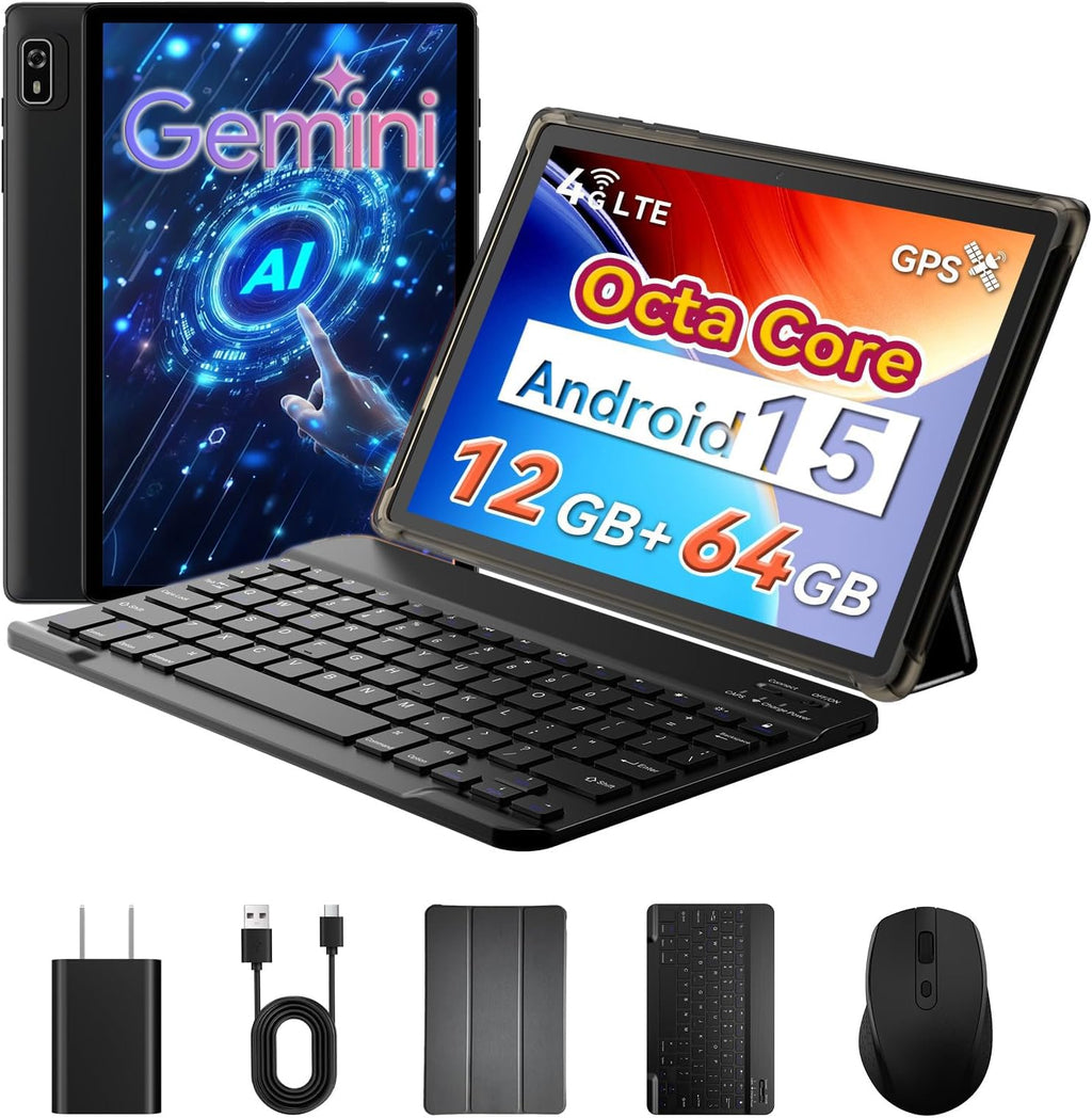 10 inch 2-in-1 Android 15 Tablet with Keyboard, Mouse, and Case, 4G LTE, 12GB RAM + 64GB ROM, Octa-Core, IPS Display, 5G Wi-Fi, GPS, Bluetooth T467656