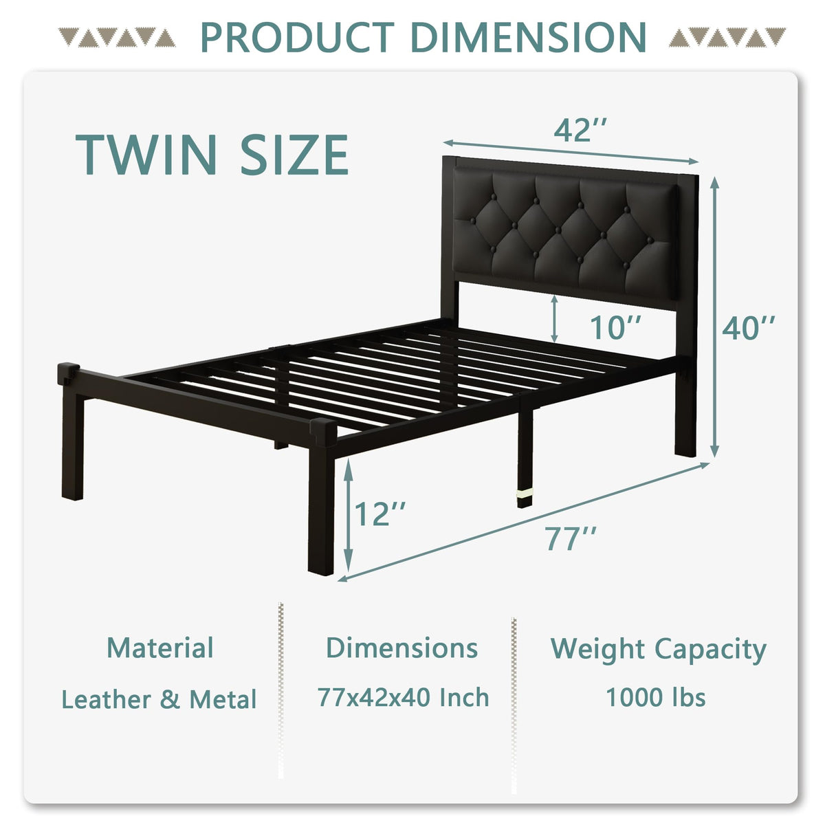 Twin Size Black Metal Platform Bed Frame with Faux Leather Tufted Headboard Q279286