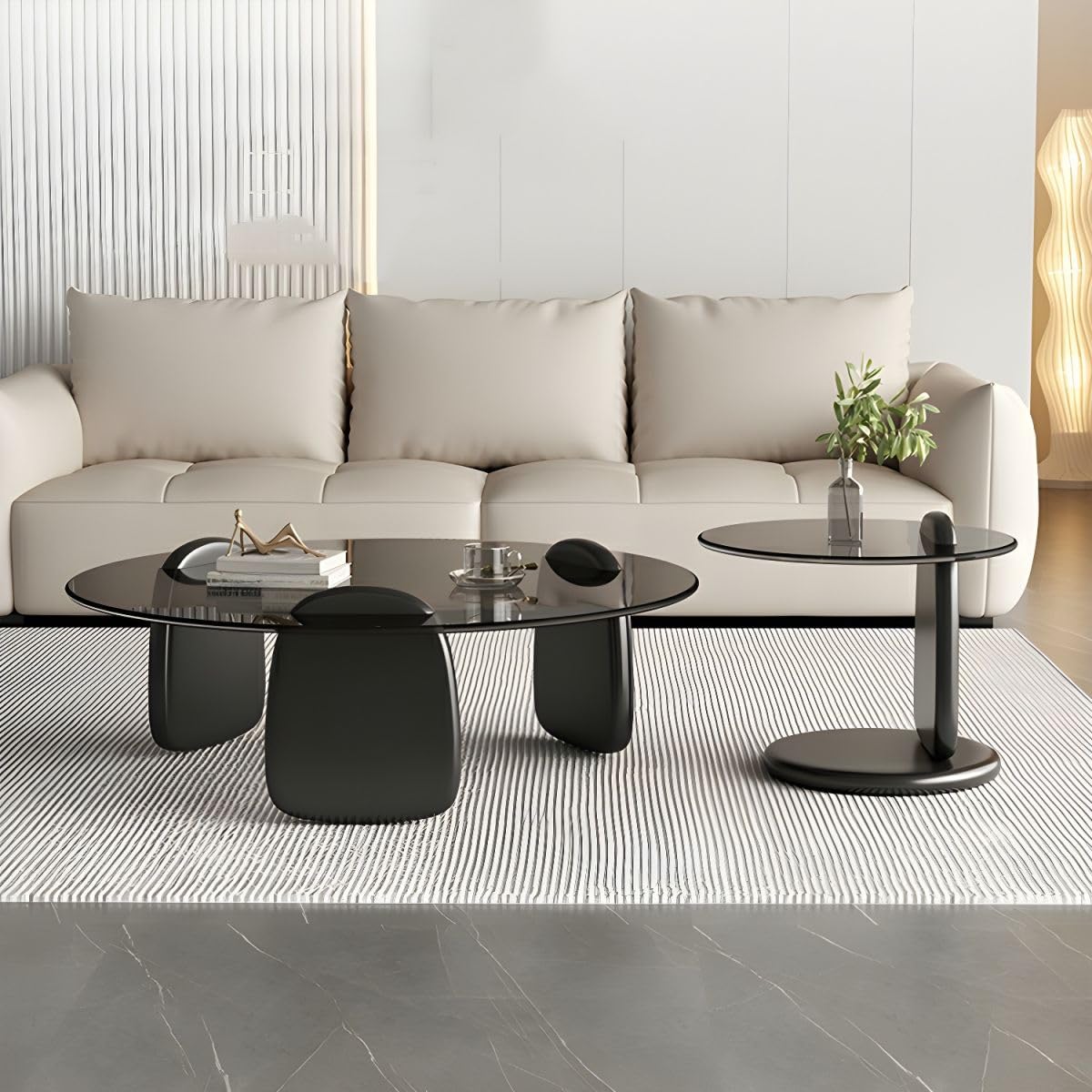 Nesting Coffee Table Set of 2 Glass Round Top Wood Legs S865