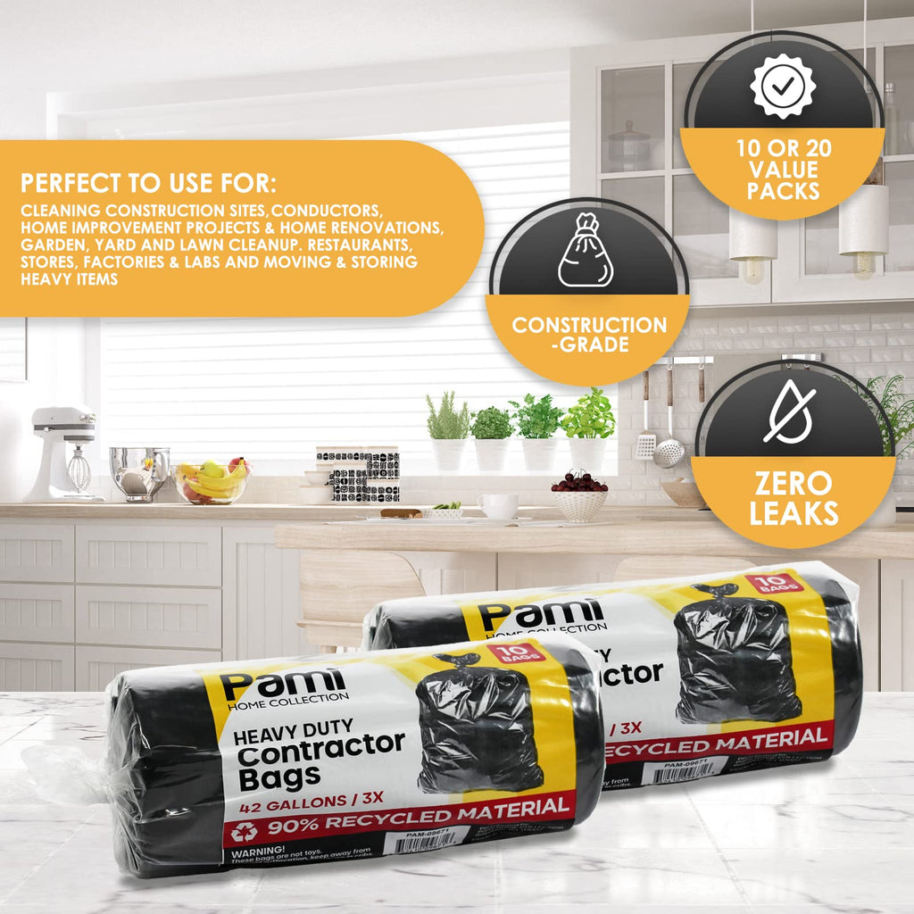 Heavy Duty 42-Gallon Contractor Trash Bags, Tear Resistant, Black, 10 Ct K820951