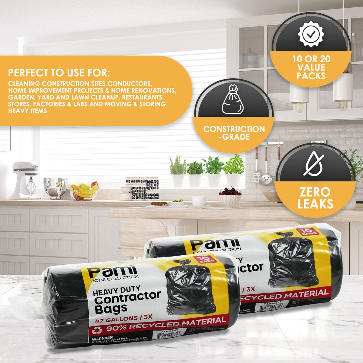 Heavy Duty 42-Gallon Contractor Trash Bags, Tear Resistant, Black, 10 Ct K820951