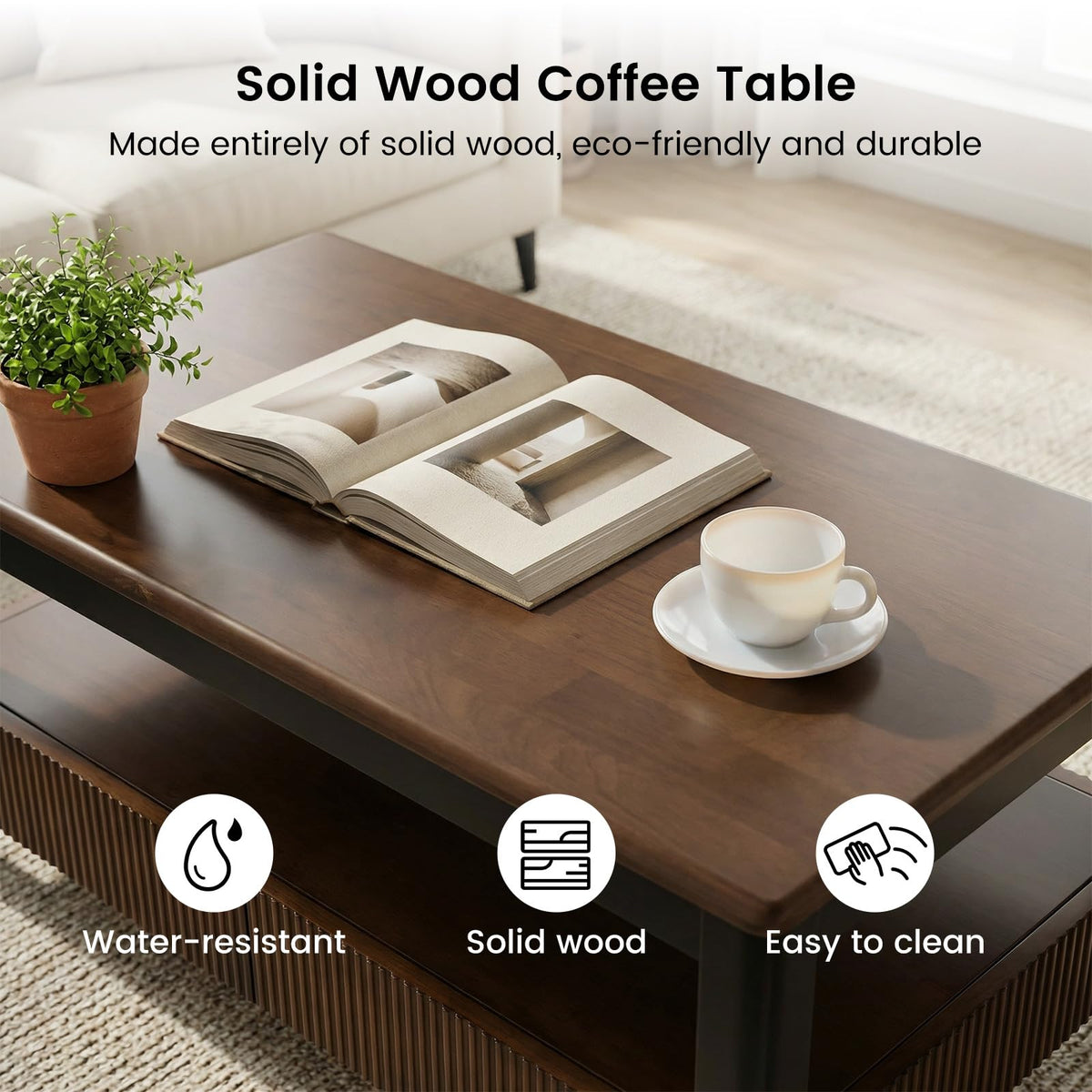 39.4" Walnut Solid Wood Fluted Coffee Table with 2 Drawers R6395