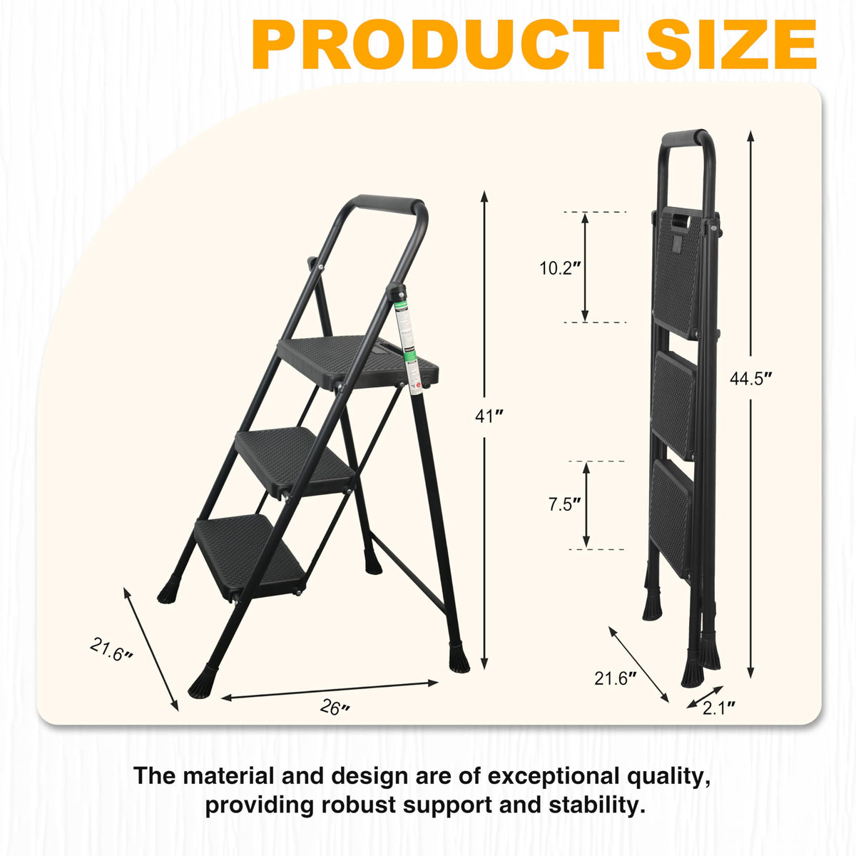 Portable Steel Folding Step Stool, 3-Step, Black N93018