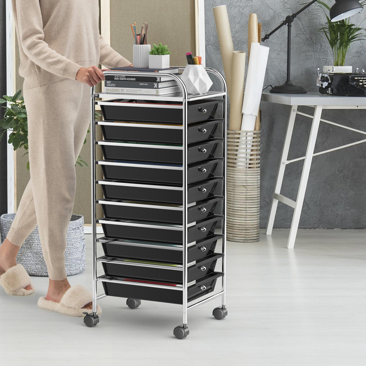 Rolling Utility Cart with 10 Drawers and Lockable Wheels G6355