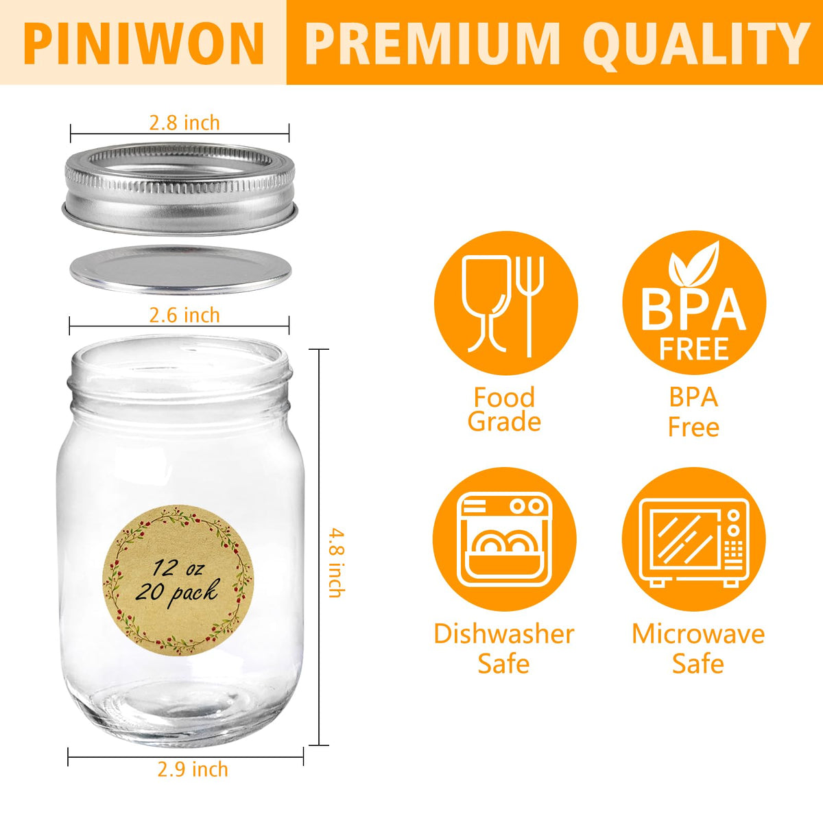 12 oz Mason Jars with Lids and Bands, 20 Pack Q474752