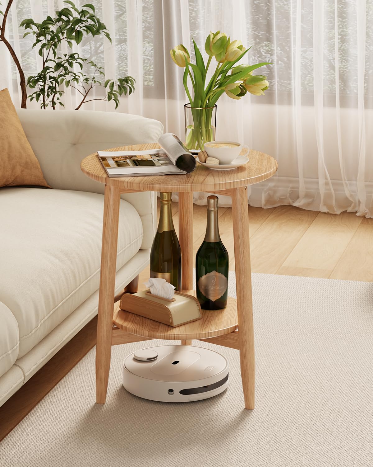 Solid Wood Round End Table with Lower Shelf Q958