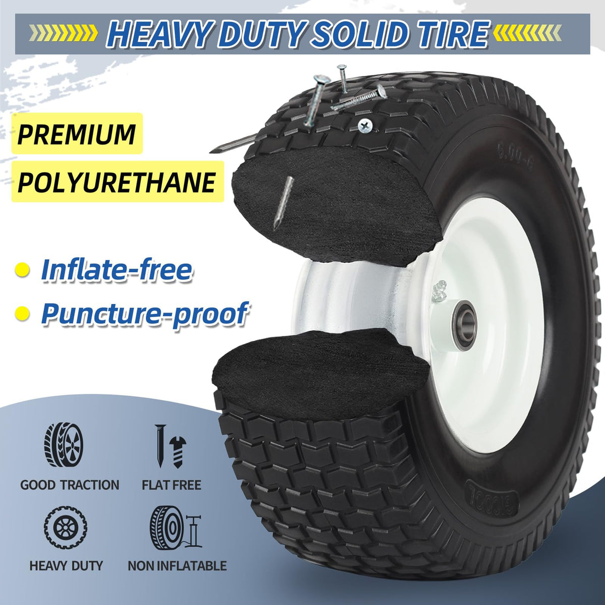 15x6.00-6 Flat Free Lawn Mower Tire and Wheel, 2 Pack T724