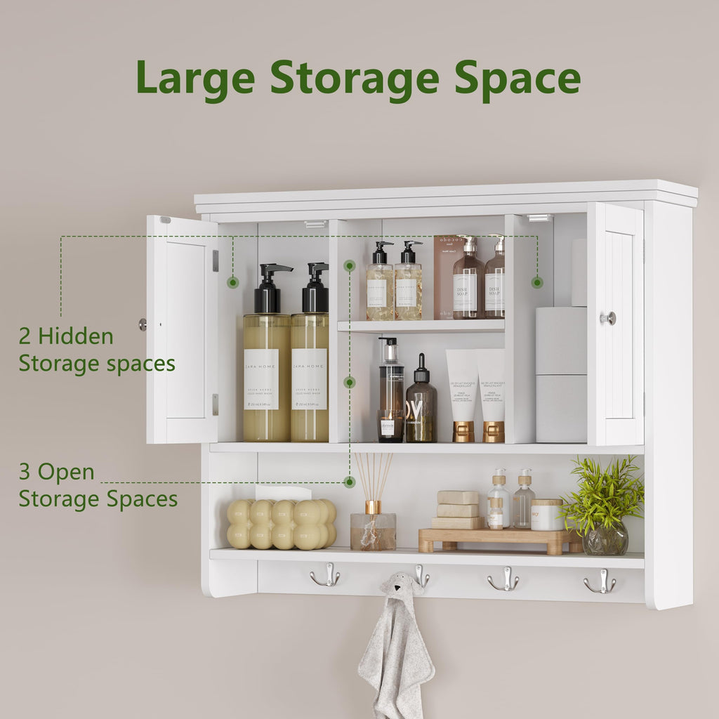 31.5"W 3-Tier Wall Mounted Bathroom Cabinet with Hooks Q70659