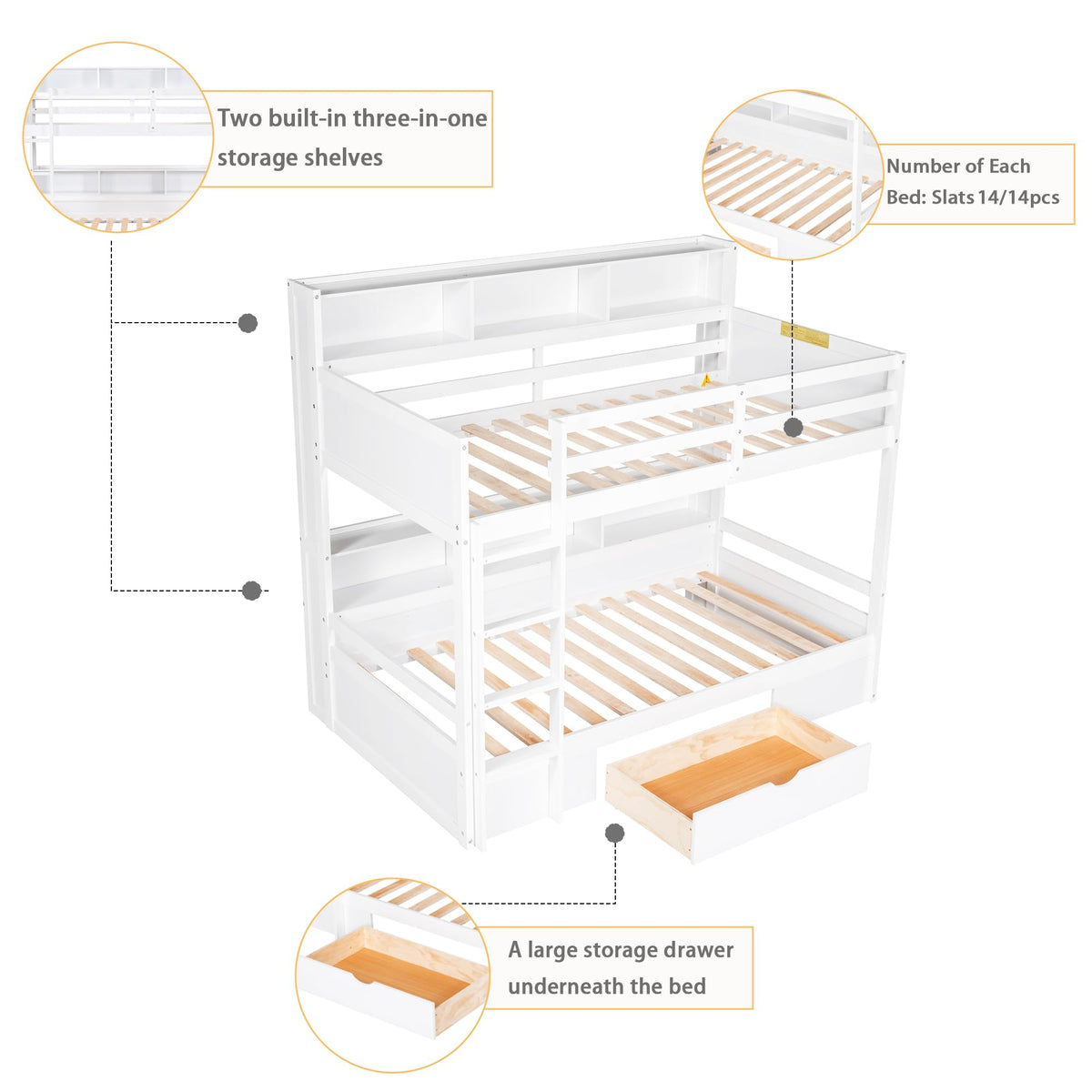 Twin Over Twin Wooden Bunk Bed with Shelves and Storage Drawer X32083