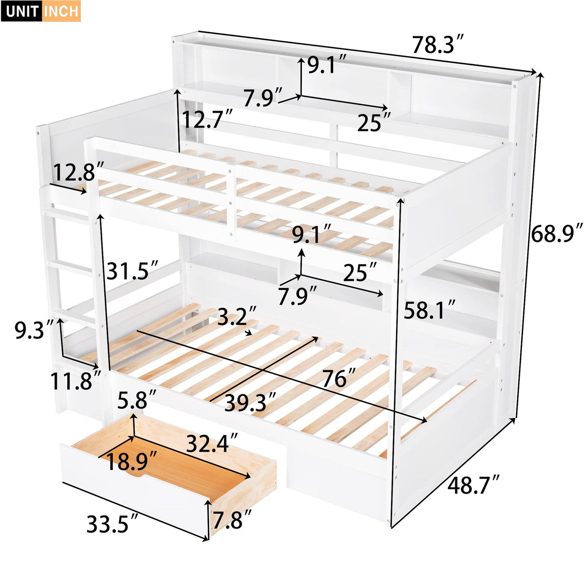 Twin Over Twin Wooden Bunk Bed with Shelves and Storage Drawer X32083