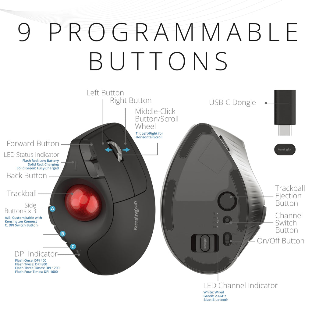 Wireless Vertical Trackball Mouse, Rechargeable - Black Y874