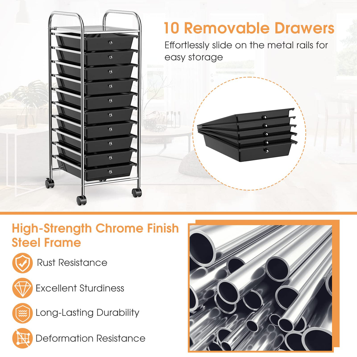 Rolling Utility Cart with 10 Drawers and Lockable Wheels G6355