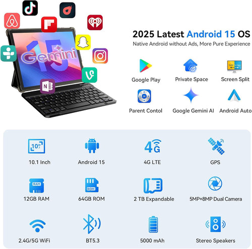 10 inch 2-in-1 Android 15 Tablet with Keyboard, Mouse, and Case, 4G LTE, 12GB RAM + 64GB ROM, Octa-Core, IPS Display, 5G Wi-Fi, GPS, Bluetooth T467656