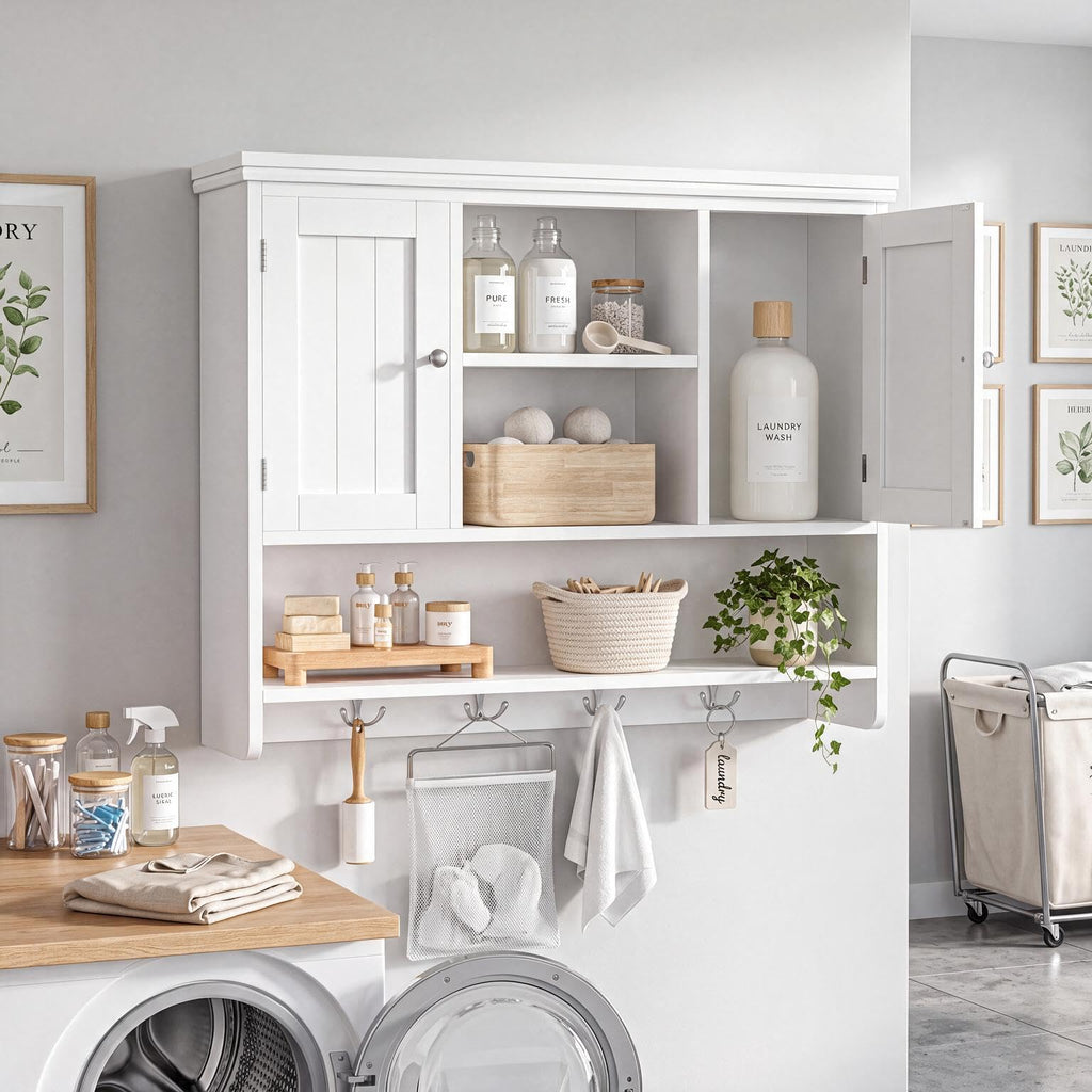 31.5"W 3-Tier Wall Mounted Bathroom Cabinet with Hooks Q70659