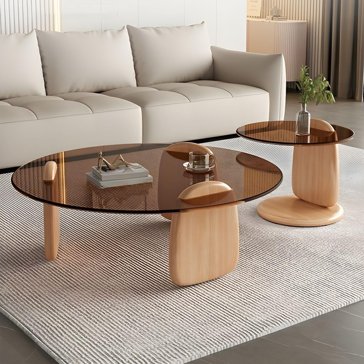 Nesting Coffee Table Set of 2 Glass Round Top Wood Legs S865