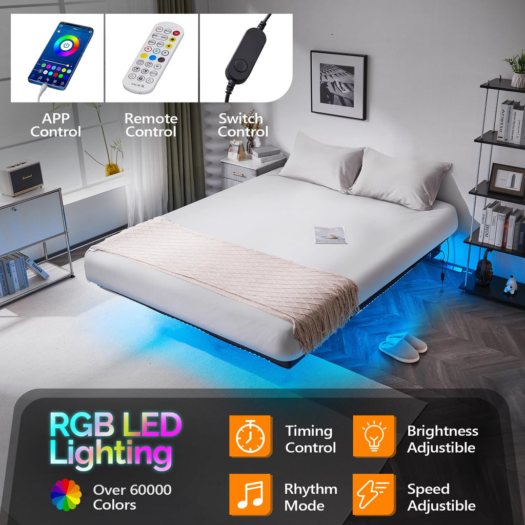 14 Inch Full Floating Bed Frame with USB Charging Station and LED Lights G527339