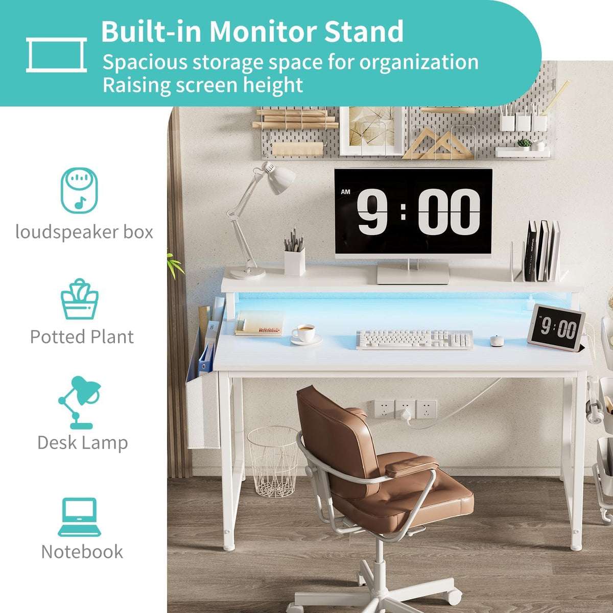 White 40 Inch Computer Desk with LED Lights and Power Outlets H637636