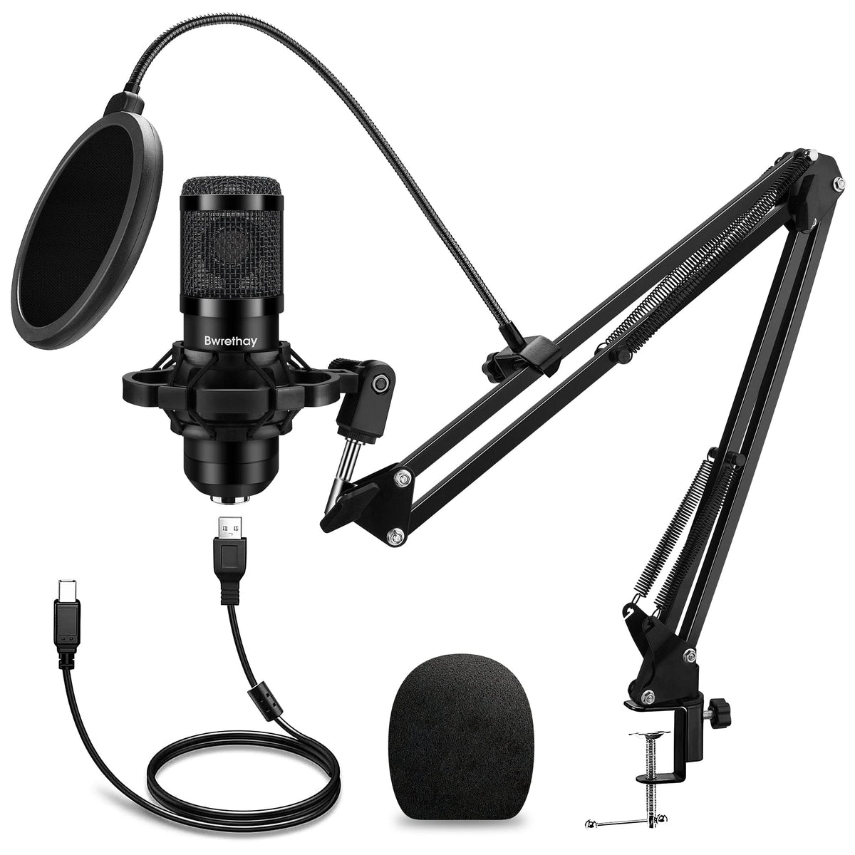 USB Condenser Cardioid Microphone with Boom Arm Stand and Shock Mount, Black B113