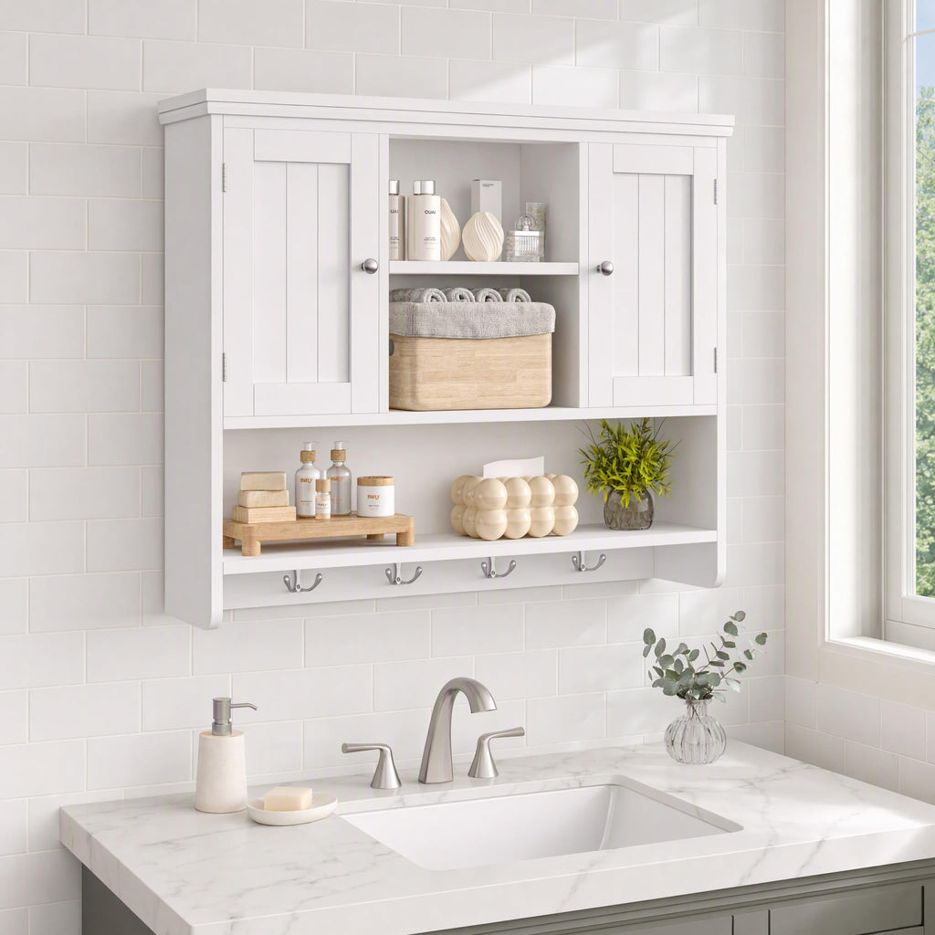 31.5"W 3-Tier Wall Mounted Bathroom Cabinet with Hooks Q70659