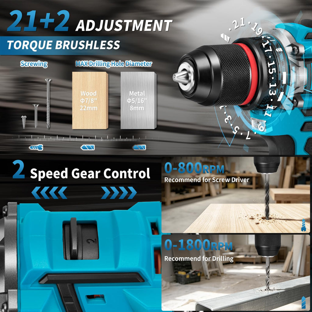 21V Cordless Brushless Drill Driver Combo Kit with 2x2.0Ah Battery E65237
