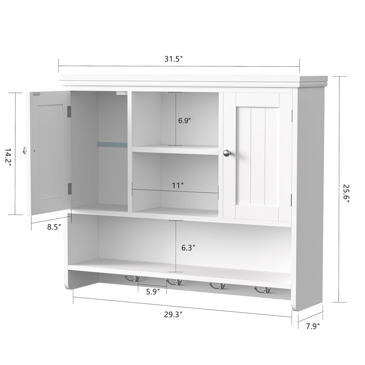 31.5"W 3-Tier Wall Mounted Bathroom Cabinet with Hooks Q70659