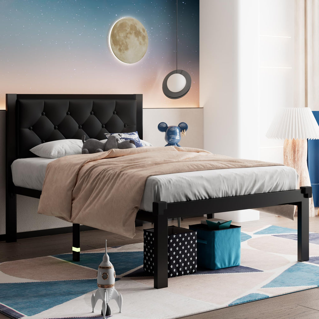 Twin Size Black Metal Platform Bed Frame with Faux Leather Tufted Headboard Q279286