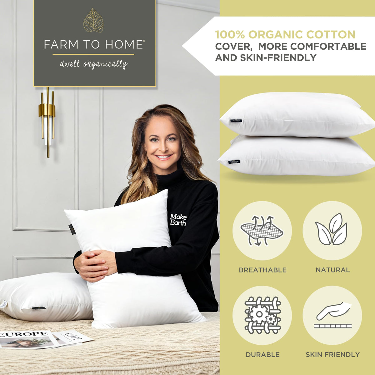 Feather and Down Pillows, 100% Organic Cotton Cover Z994406