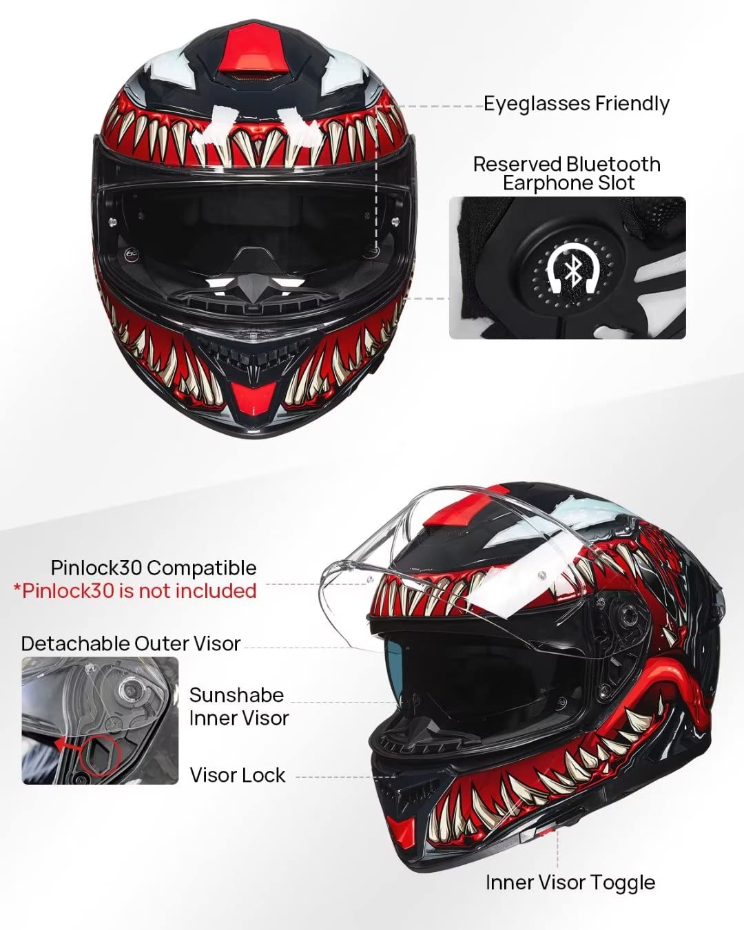 Full Face Dual Visor Motorcycle Helmet with Rear Wing D672