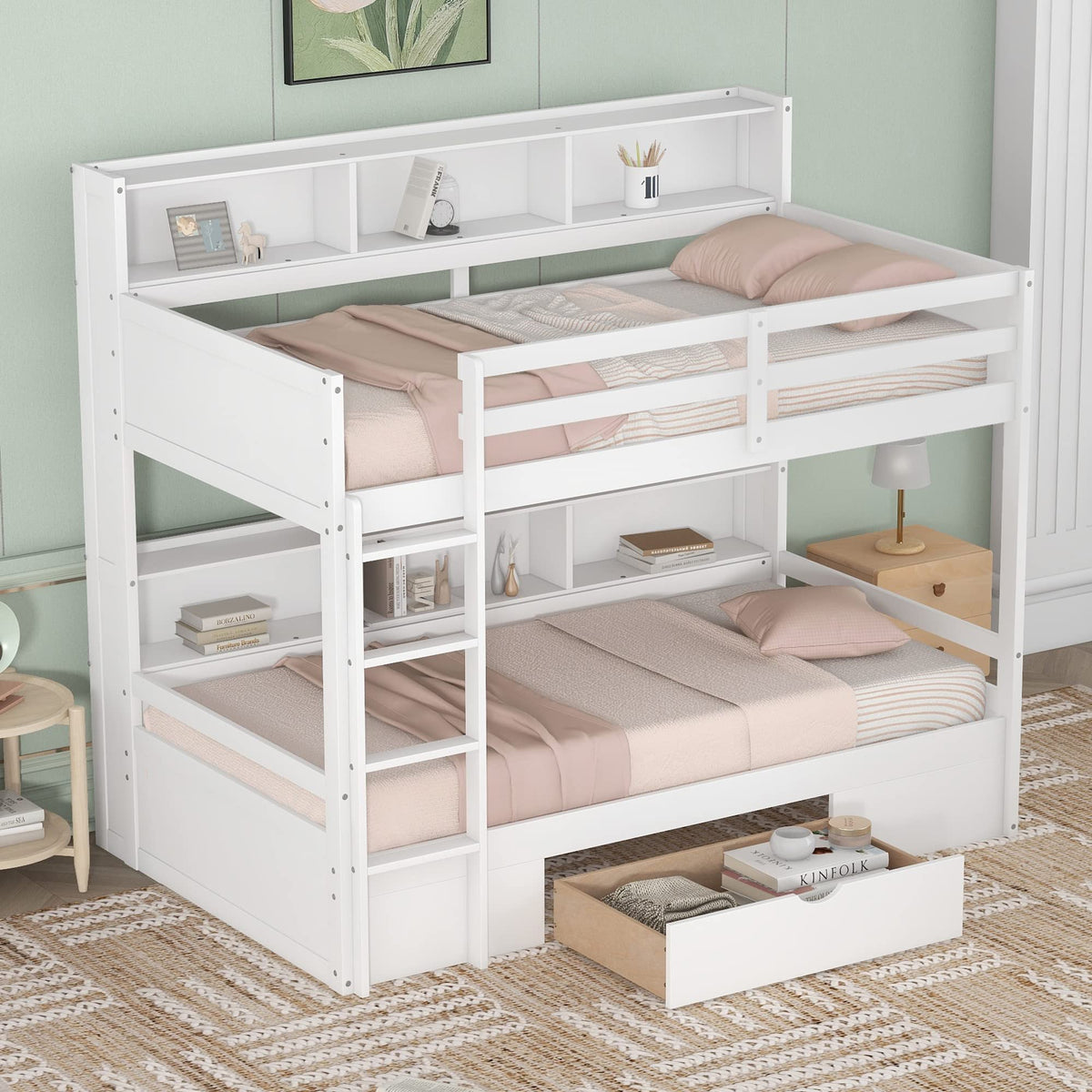 Twin Over Twin Wooden Bunk Bed with Shelves and Storage Drawer X32083