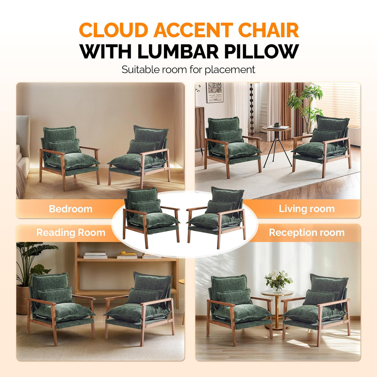 Dark Green Chenille Accent Armchairs Set of 2 with Lumbar Pillow F78750